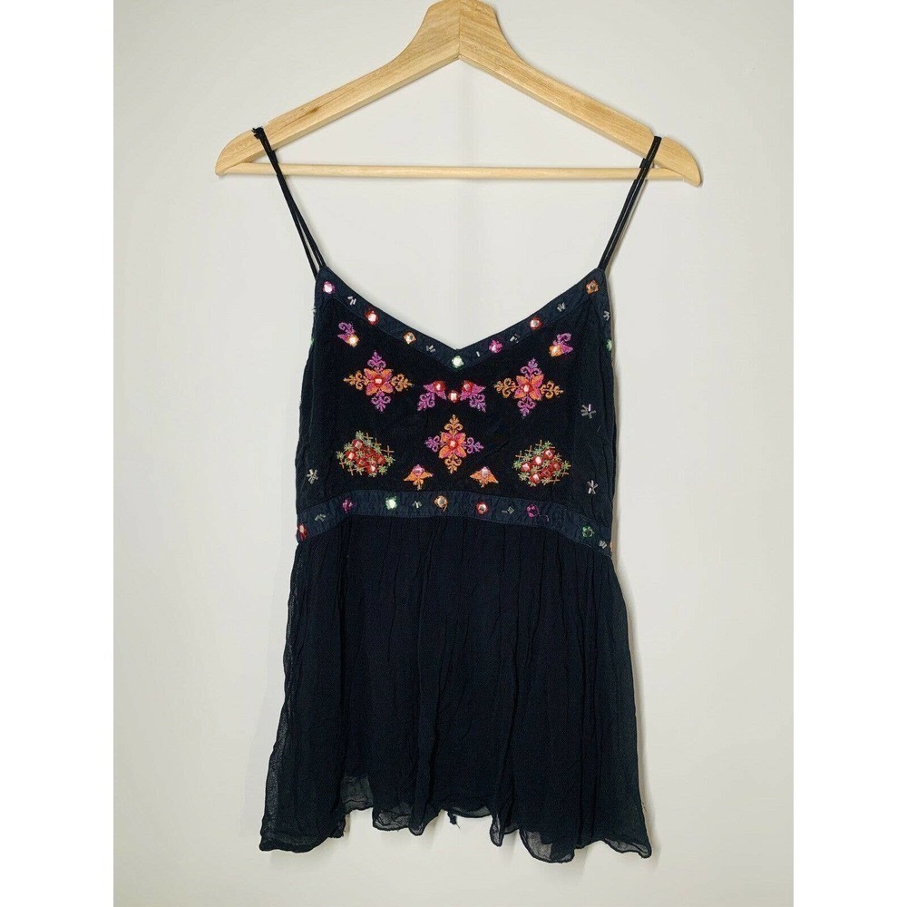 Etc. 100% Viscose Embroidered Spaghetti Strap Tank Top Black Women's Large